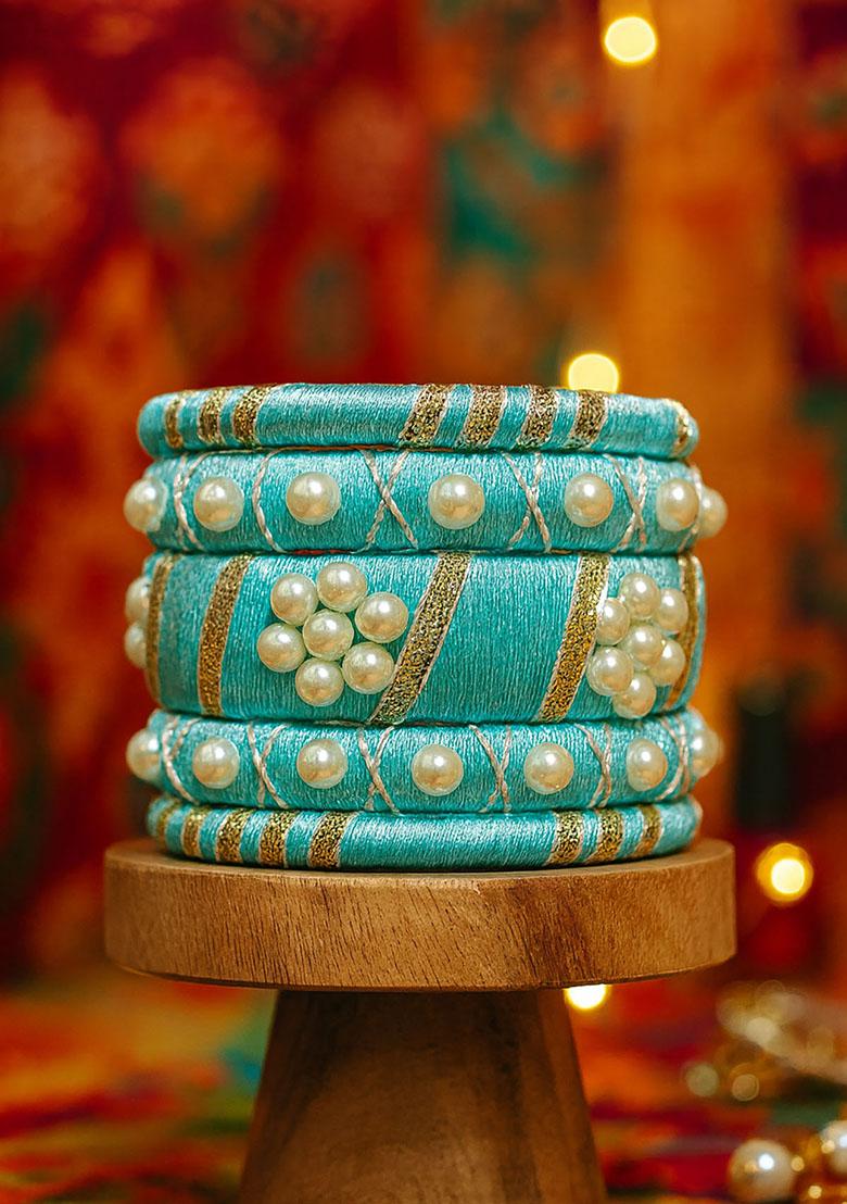 Light Blue Silk Thread With Kunden Stone Bangles Set - Indya