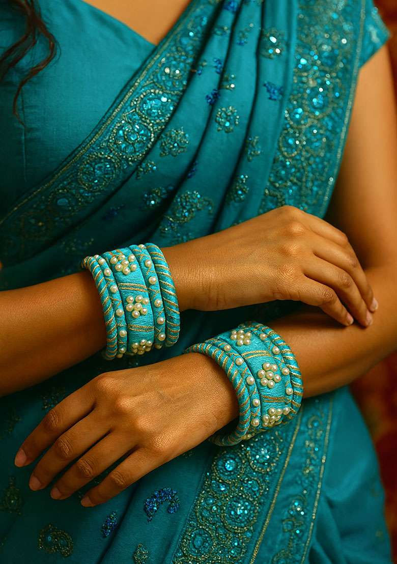 Light Blue Silk Thread With Kunden Stone Bangles Set - Indya
