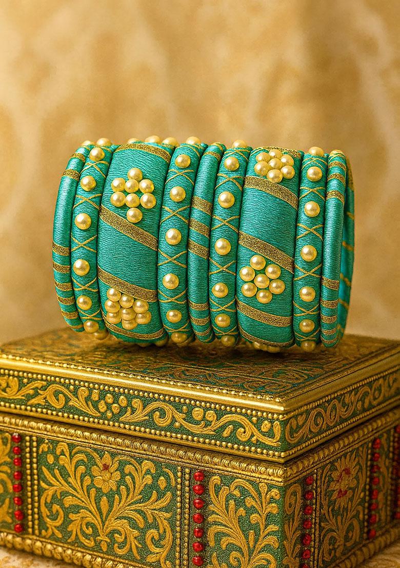Light Blue Silk Thread With Kunden Stone Bangles Set - Indya
