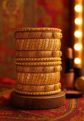 Golden Silk Thread With Kunden Stone Bangles Set
