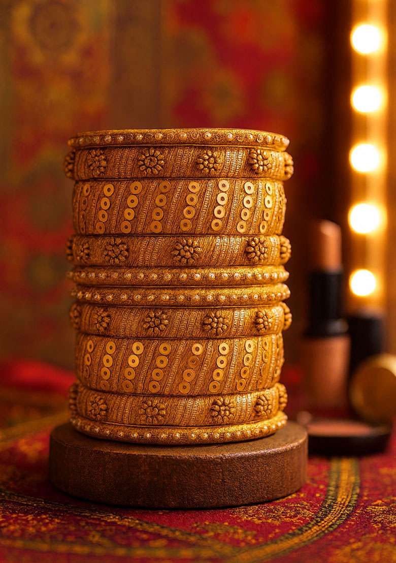 Golden Silk Thread With Kunden Stone Bangles Set - Indya