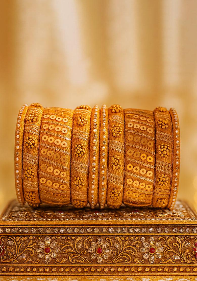 Golden Silk Thread With Kunden Stone Bangles Set - Indya