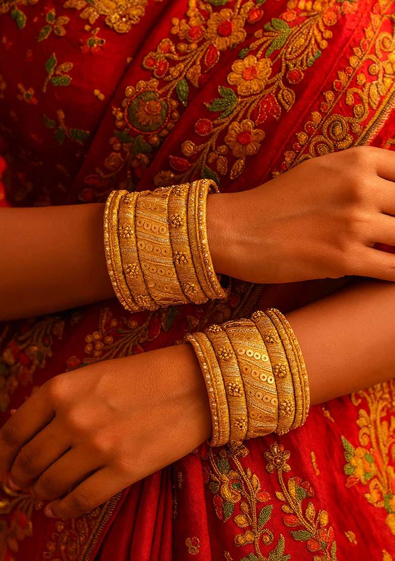 Golden Silk Thread With Kunden Stone Bangles Set - Indya