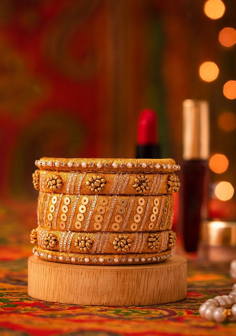 Golden Silk Thread With Kunden Stone Bangles Set - Indya