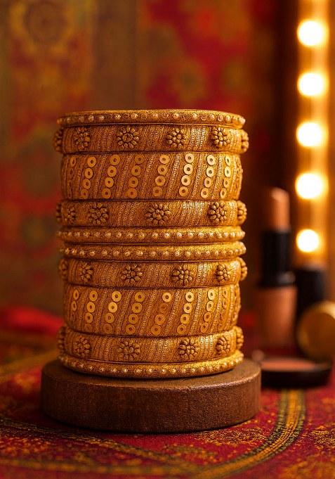 Golden Silk Thread With Kunden Stone Bangles Set