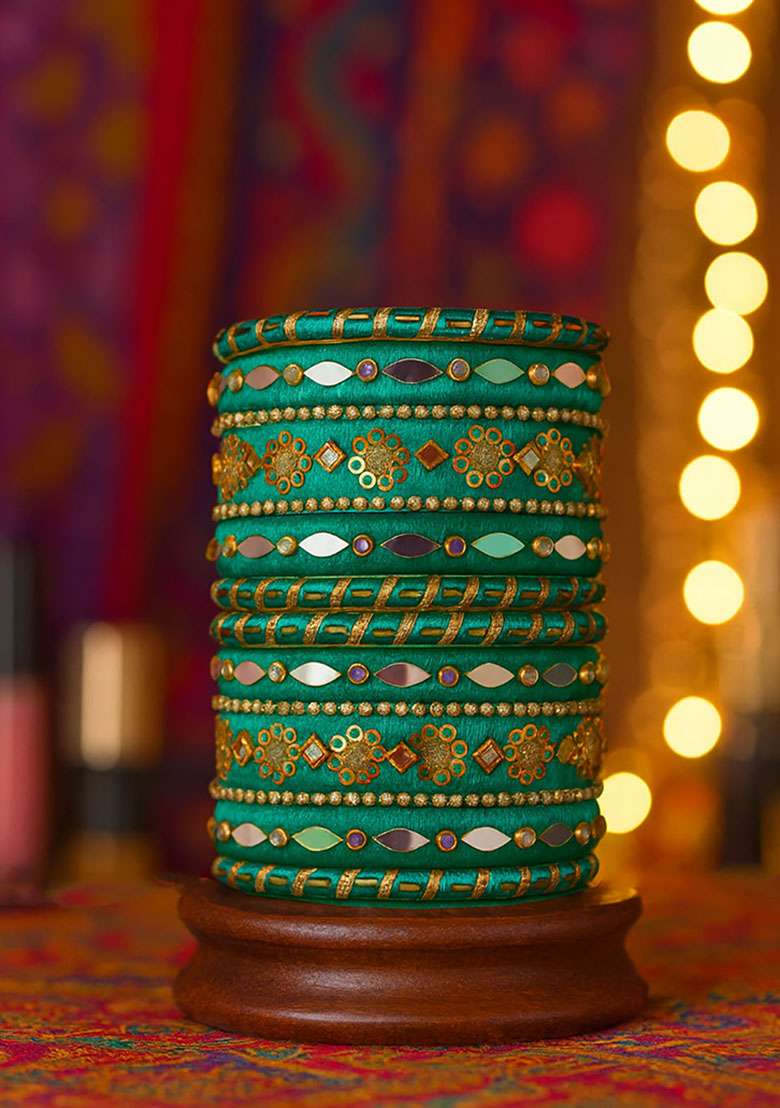 Green Silk Thread With Kunden Stone Bangles Set - Indya
