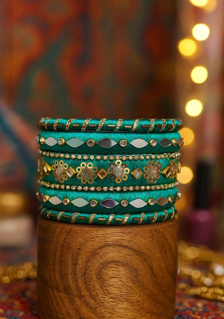 Green Silk Thread With Kunden Stone Bangles Set - Indya