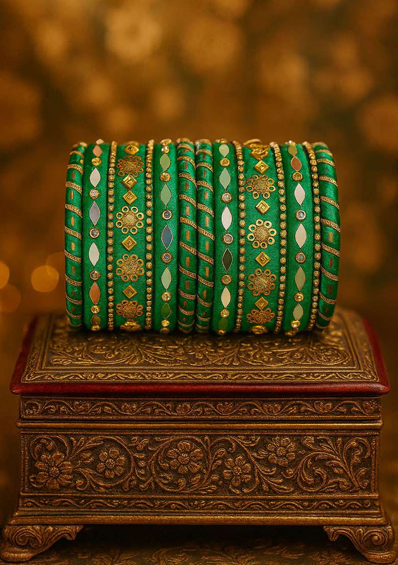 Green Silk Thread With Kunden Stone Bangles Set - Indya