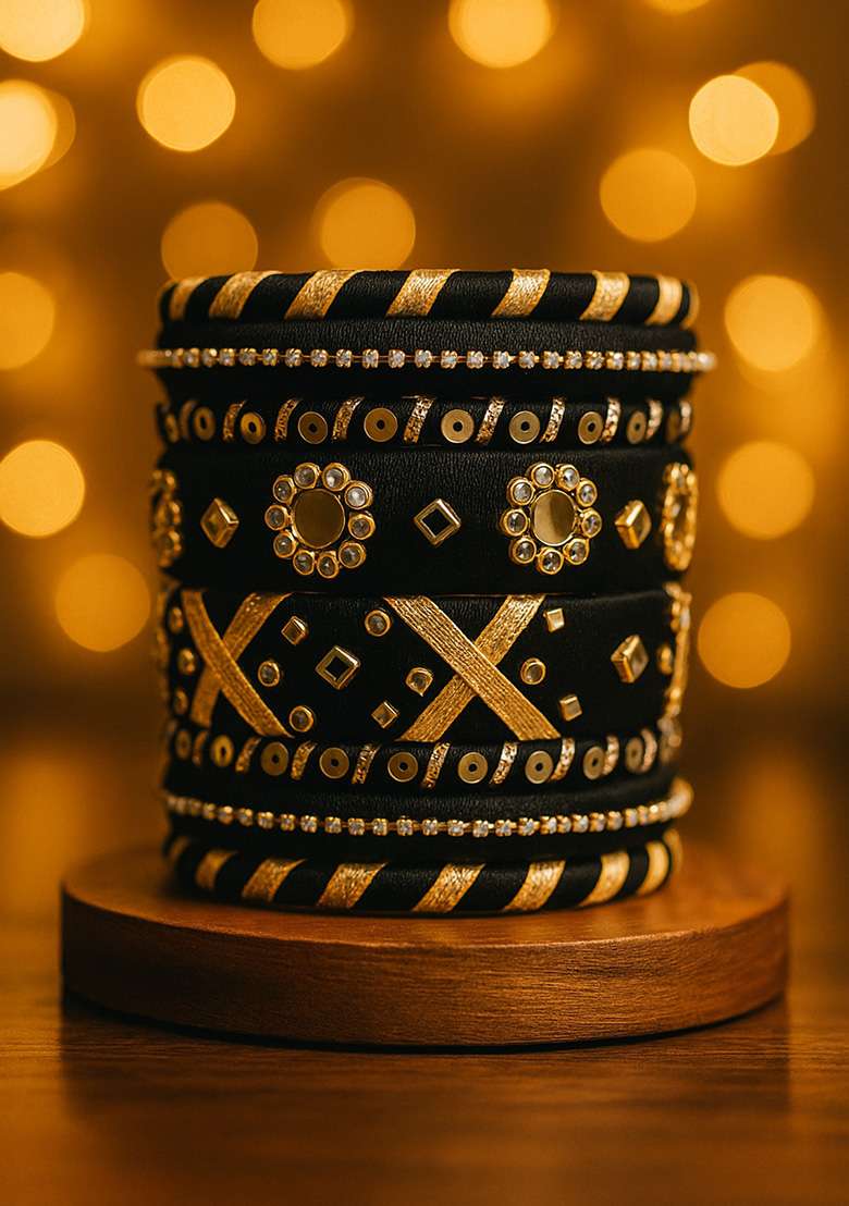 Black Silk Thread With Kunden Stone Bangles Set - Indya