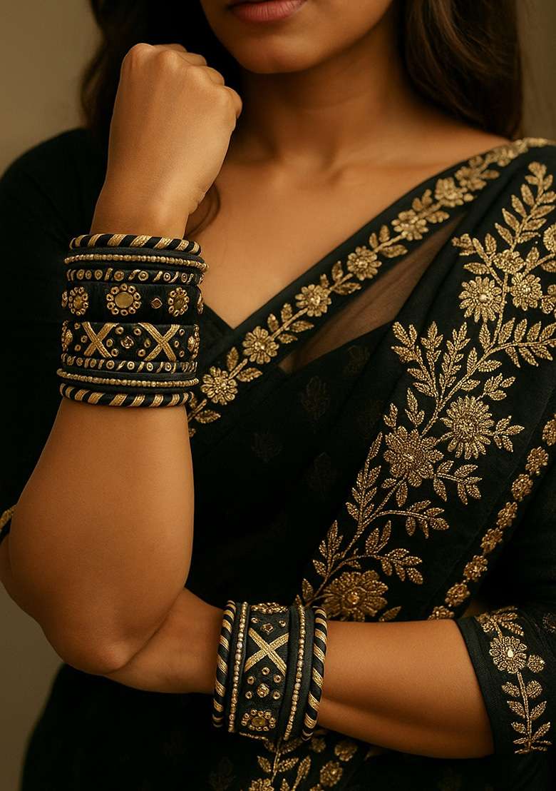 Black Silk Thread With Kunden Stone Bangles Set - Indya