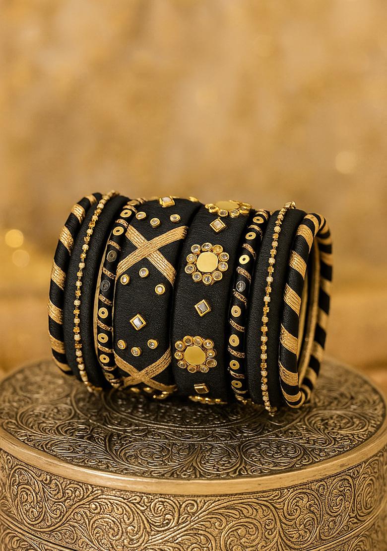 Black Silk Thread With Kunden Stone Bangles Set - Indya