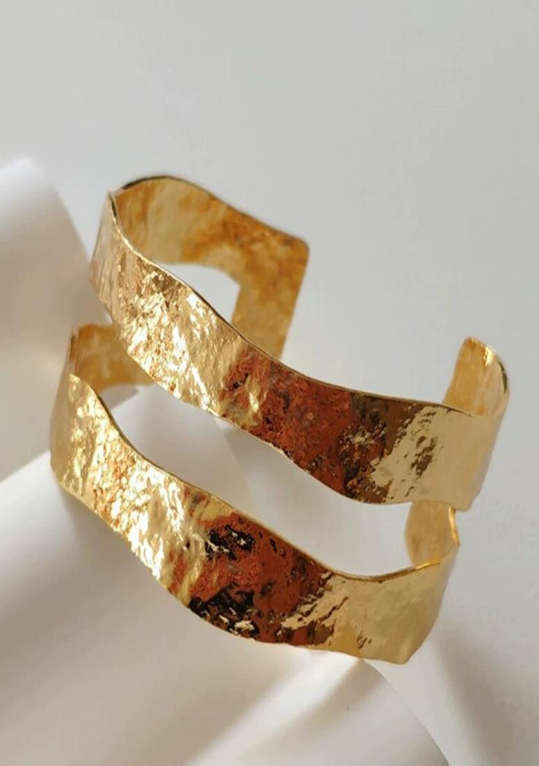 Gold Plated Anti-Tarnish Dual Layered Hammered Adjustable Cuff Bracelet - Indya