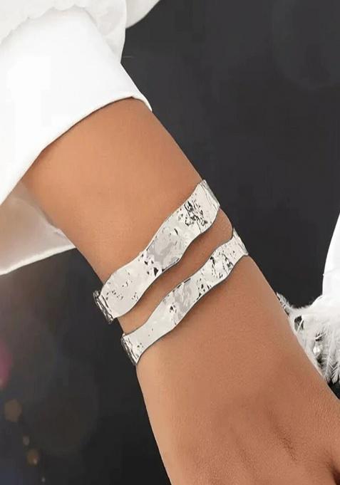 Silver Plated Anti-Tarnish Dual Layered Hammered Adjustable Cuff Bracelet