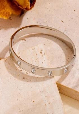 18K Silver Plated Anti-Tarnish Round Zircon Openable Bangle Bracelet