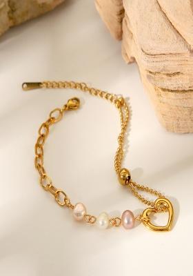 18K Gold Plated Waterproof Anti-Tarnish Heart Pearl Chain Bracelet