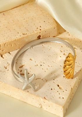 18K Plated Waterproof Antitarnish Adjustable Twotone Starfish Shell Cuff Bracelet