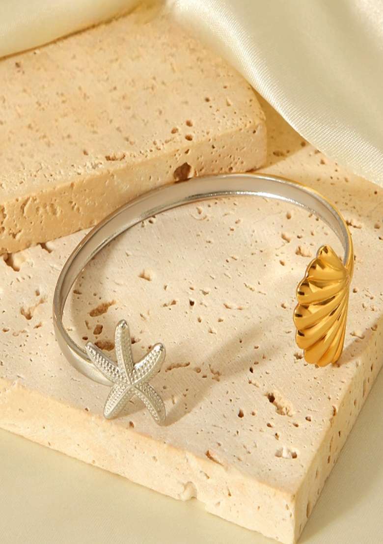 18K Plated Waterproof Antitarnish Adjustable Twotone Starfish Shell Cuff Bracelet - Indya