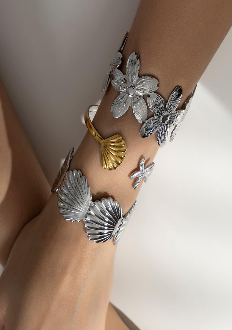 18K Plated Waterproof Antitarnish Adjustable Twotone Starfish Shell Cuff Bracelet - Indya