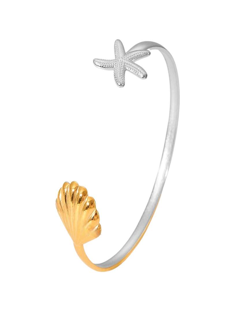 18K Plated Waterproof Antitarnish Adjustable Twotone Starfish Shell Cuff Bracelet - Indya