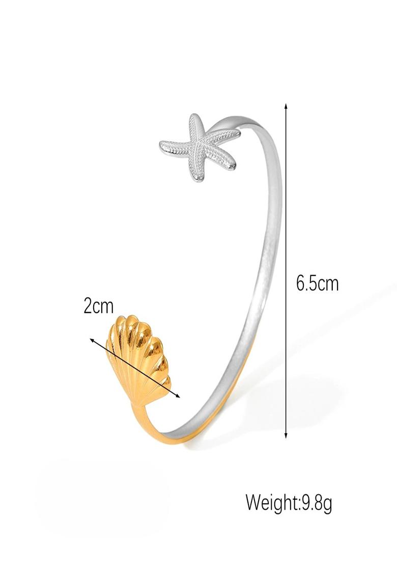18K Plated Waterproof Antitarnish Adjustable Twotone Starfish Shell Cuff Bracelet - Indya