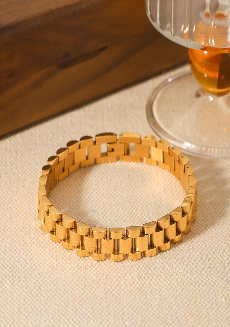 Mens 18K Gold Plated Waterproof Anti-Tarnish Wide Link Watch Strap Bracelet - Indya