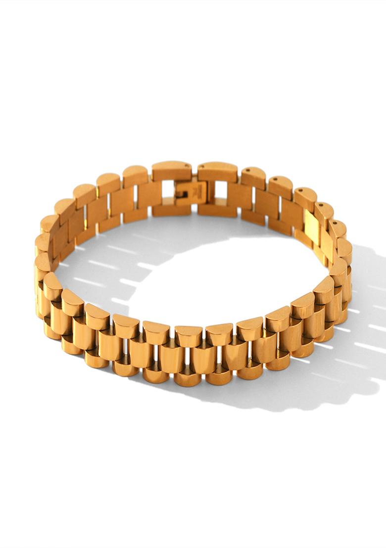 Mens 18K Gold Plated Waterproof Anti-Tarnish Wide Link Watch Strap Bracelet - Indya