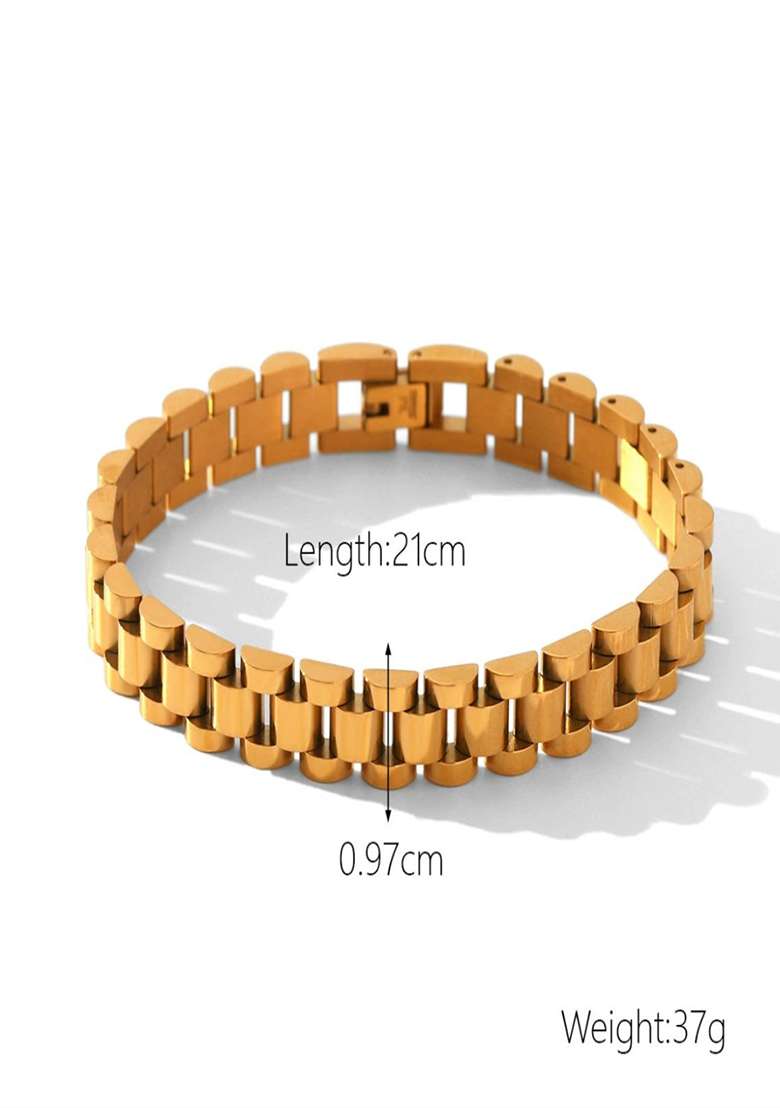 Mens 18K Gold Plated Waterproof Anti-Tarnish Wide Link Watch Strap Bracelet - Indya