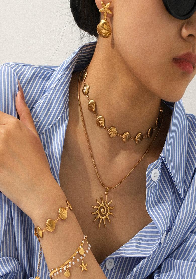 Set Fo 3 - 18K Gold Plated Waterproof Anti-Tarnish Shell And Pearl Bracelets - Indya