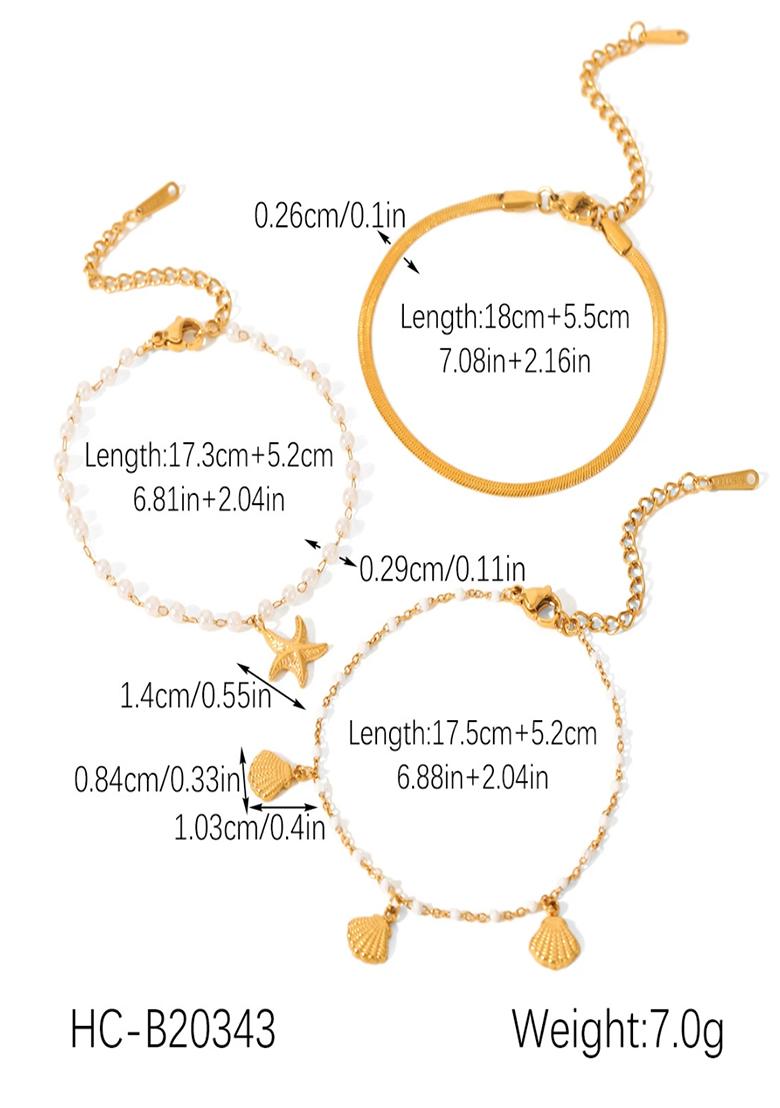 Set Fo 3 - 18K Gold Plated Waterproof Anti-Tarnish Shell And Pearl Bracelets - Indya