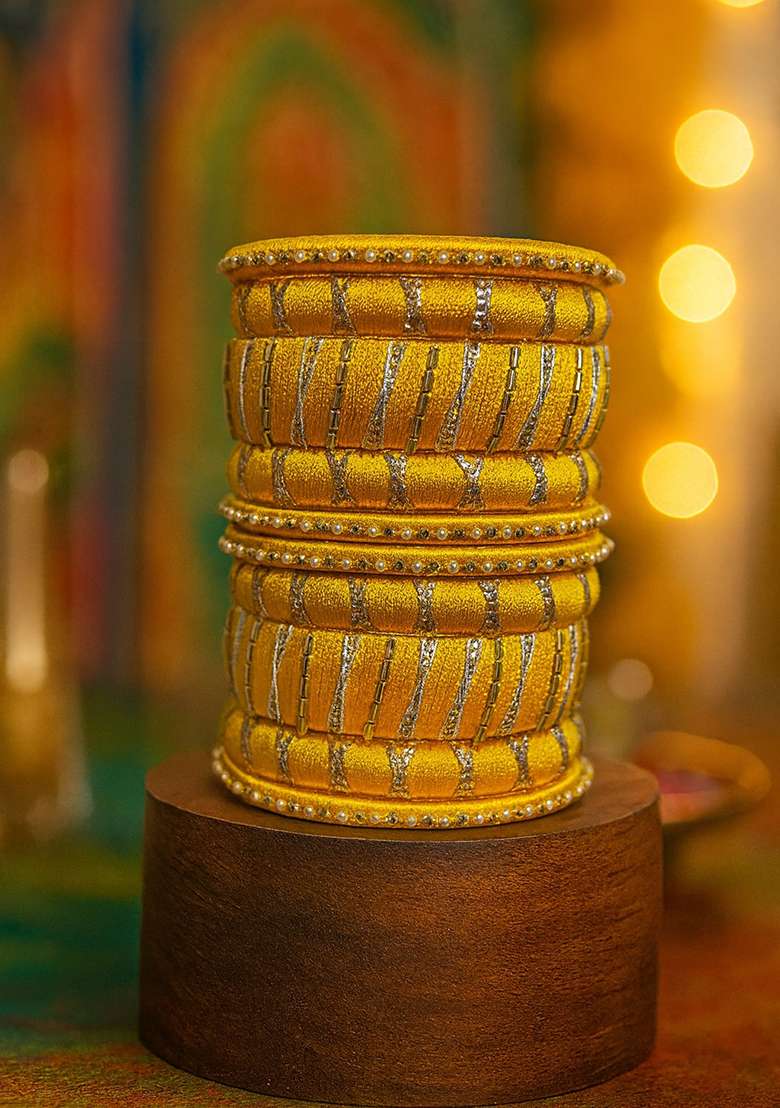 Yellow Kundan Work Silk Bangle Set - Indya
