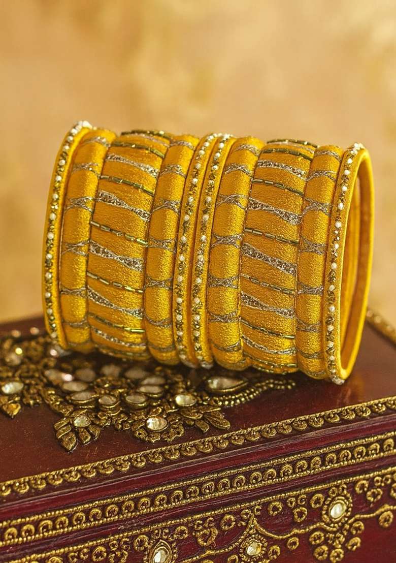 Yellow Kundan Work Silk Bangle Set - Indya