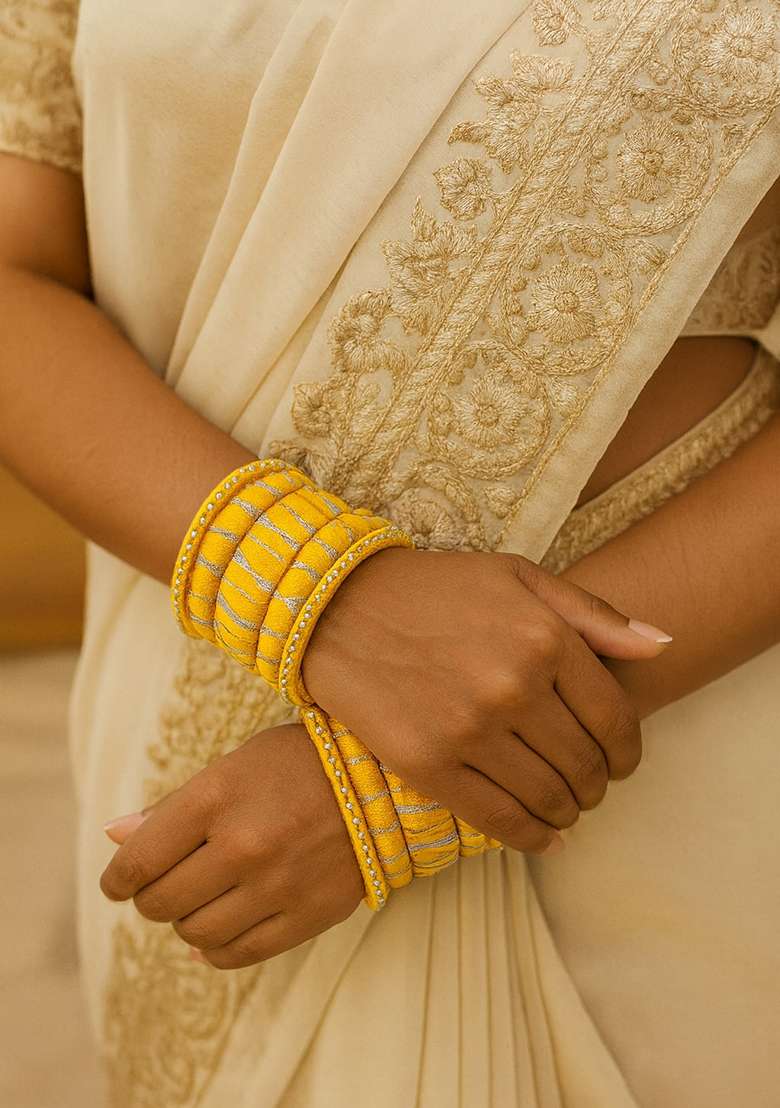 Yellow Kundan Work Silk Bangle Set - Indya