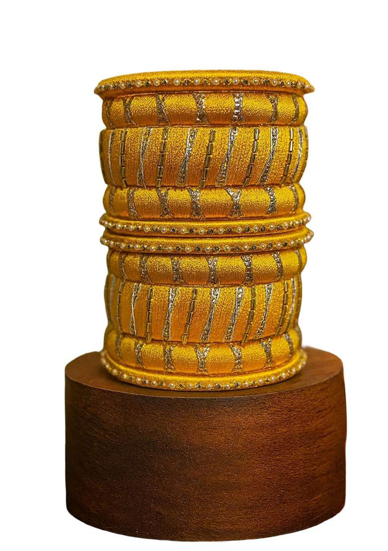 Yellow Kundan Work Silk Bangle Set - Indya