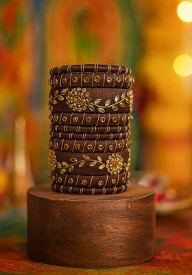 Brown Kundan Work Silk Bangle Set
