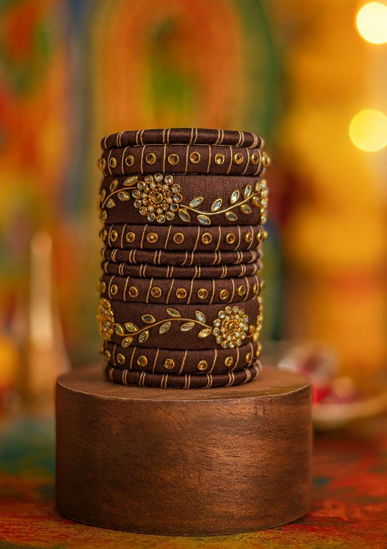 Brown Kundan Work Silk Bangle Set - Indya