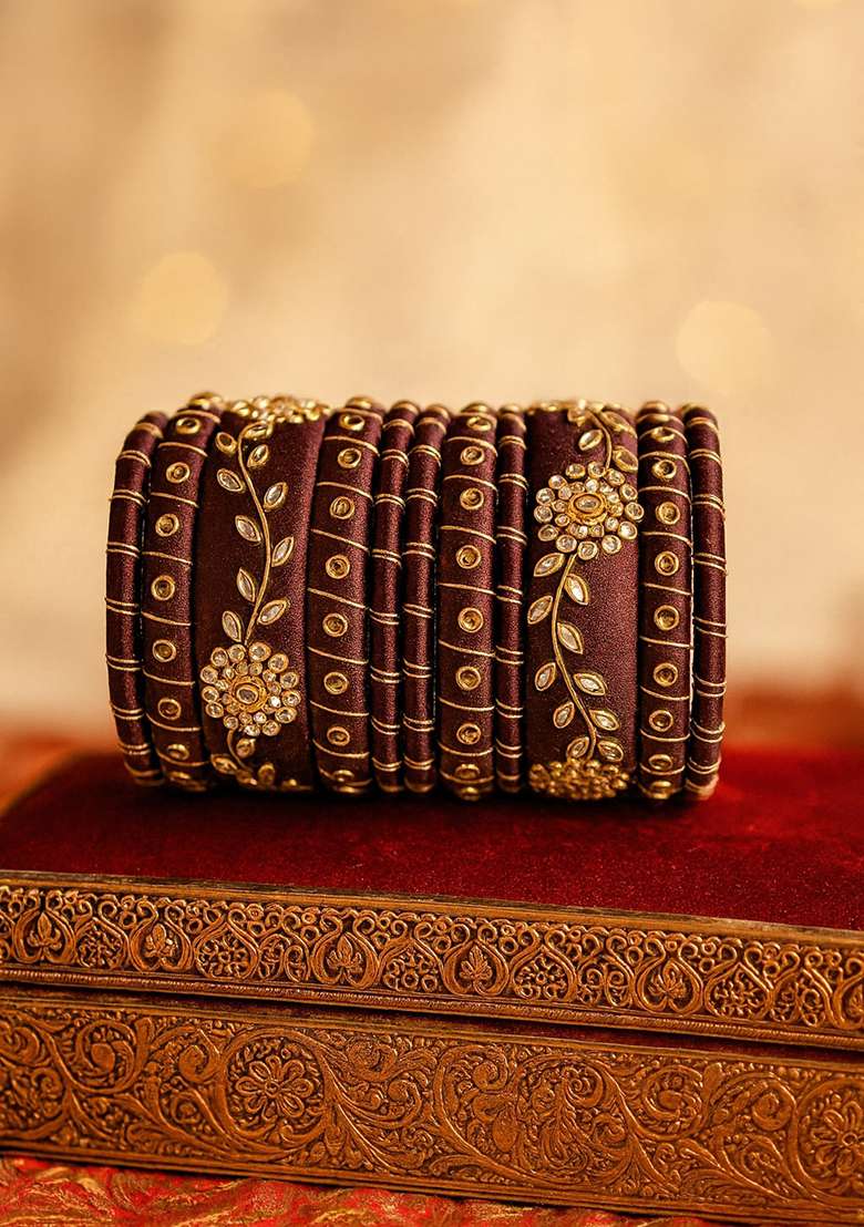 Brown Kundan Work Silk Bangle Set - Indya