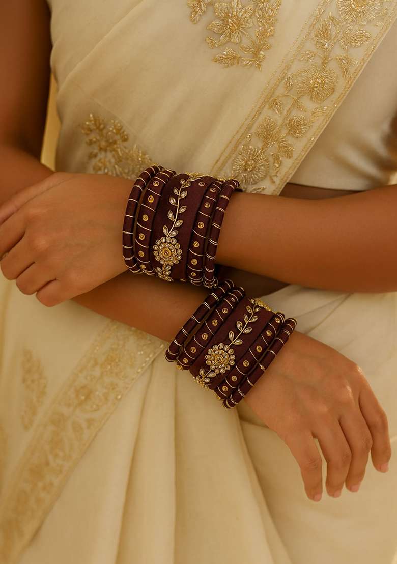 Brown Kundan Work Silk Bangle Set - Indya