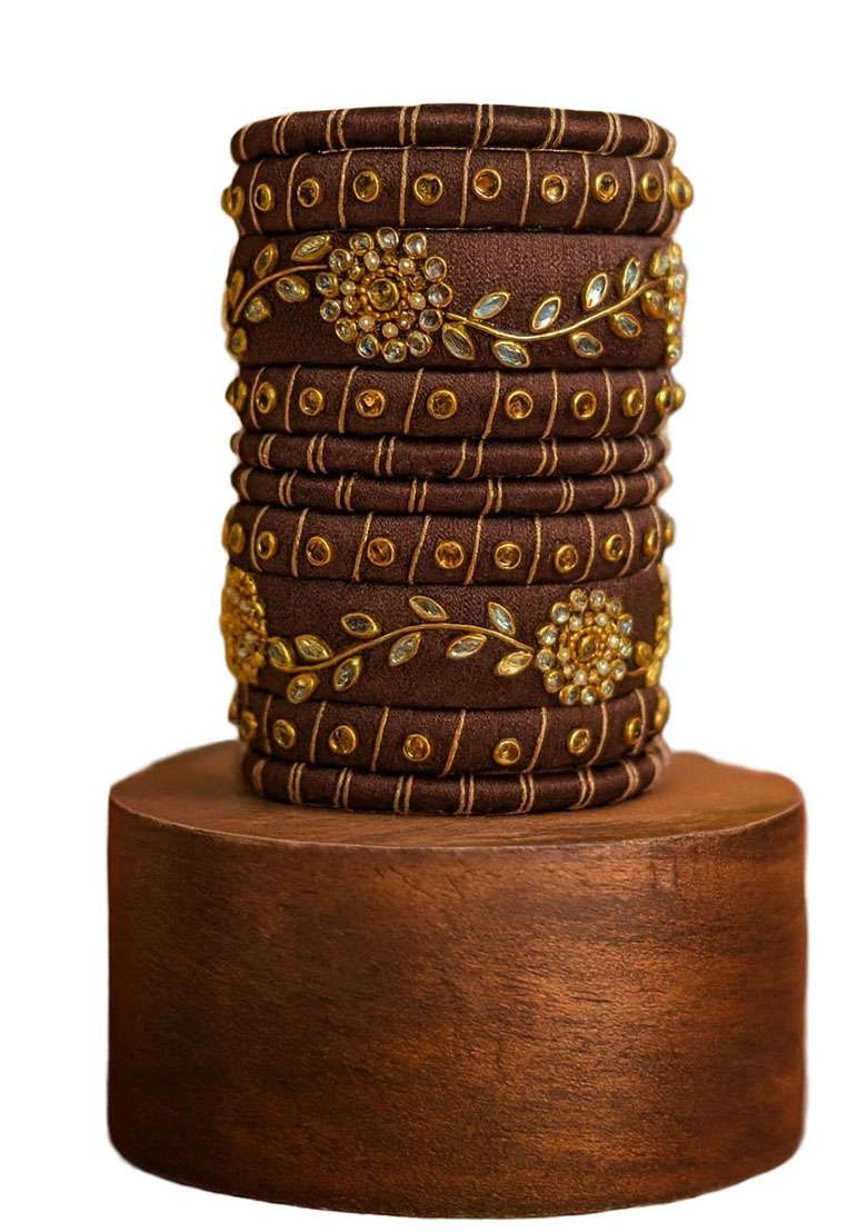 Brown Kundan Work Silk Bangle Set - Indya