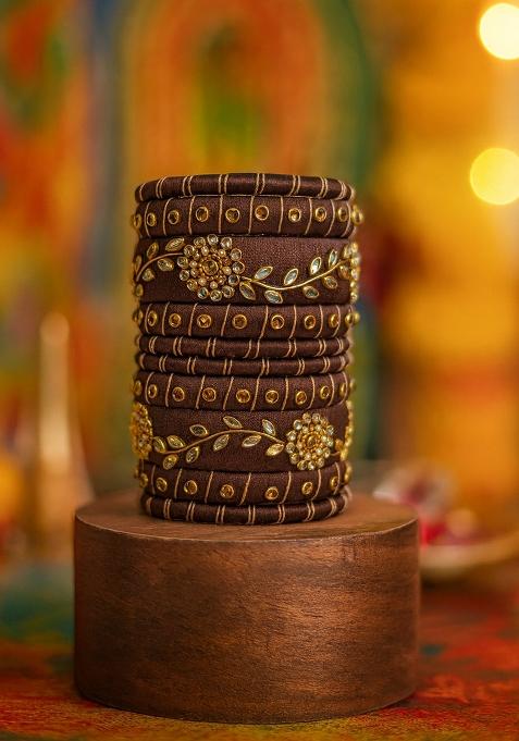 Brown Kundan Work Silk Bangle Set