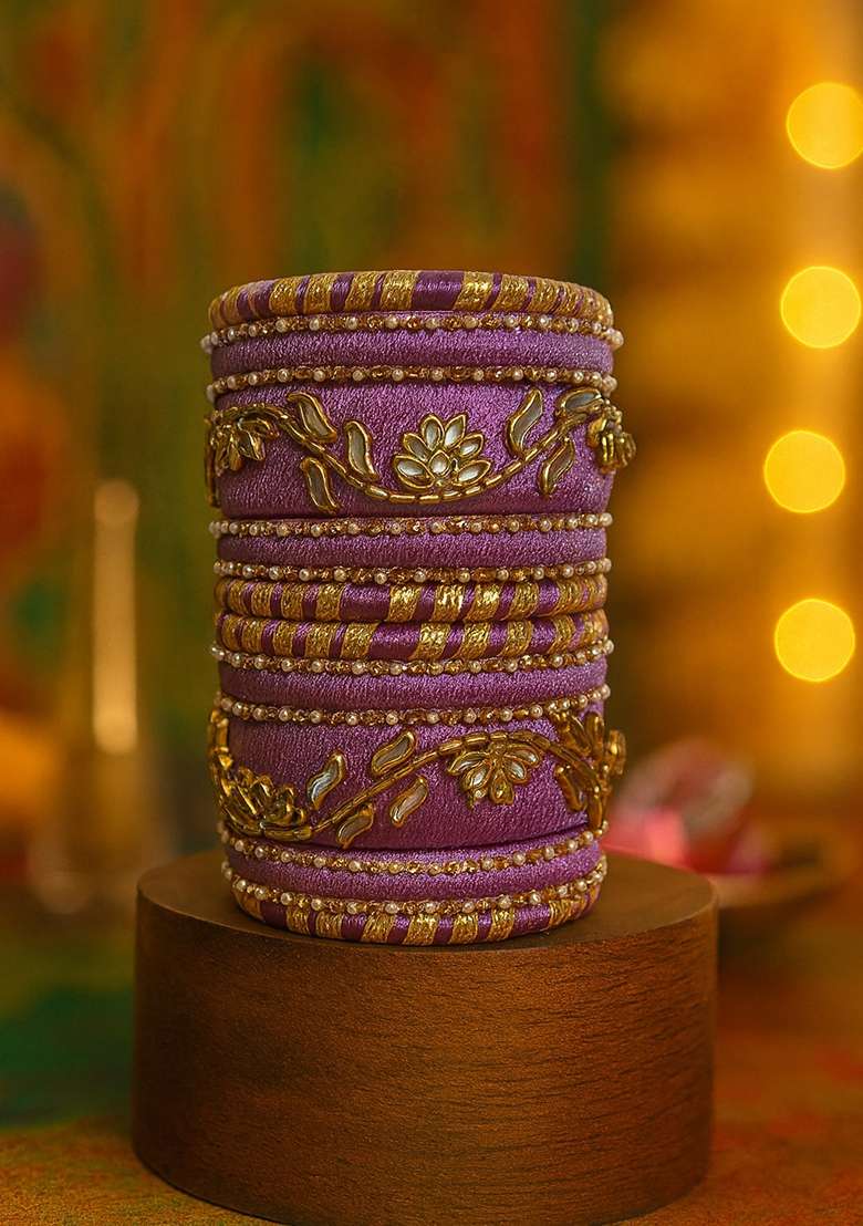 Lavender Kundan Work Silk Bangle Set - Indya