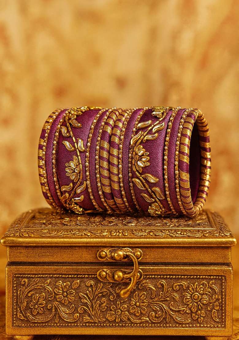 Lavender Kundan Work Silk Bangle Set - Indya