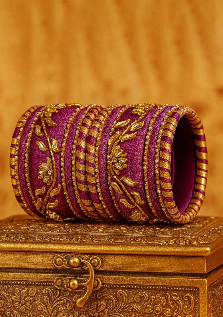 Lavender Kundan Work Silk Bangle Set - Indya