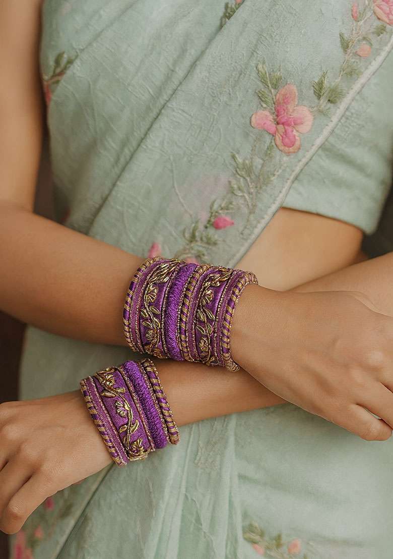 Lavender Kundan Work Silk Bangle Set - Indya
