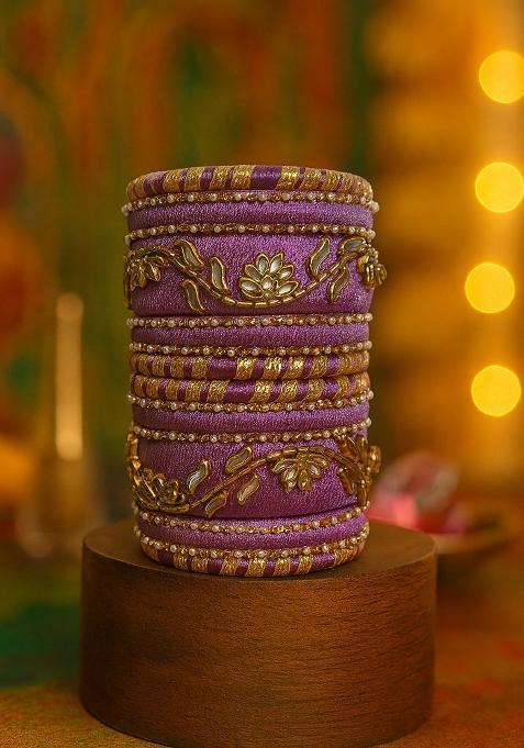 Lavender Kundan Work Silk Bangle Set