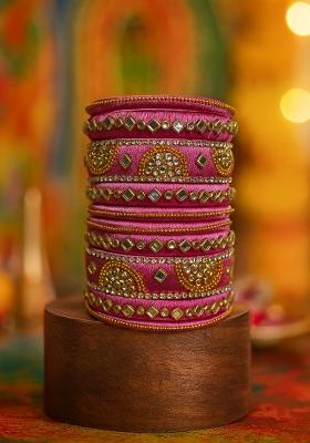Pink Kundan Work Silk Bangle Set