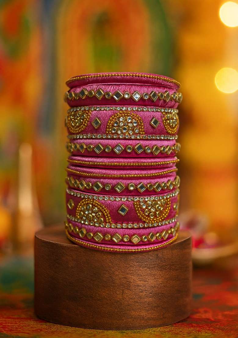 Pink Kundan Work Silk Bangle Set - Indya