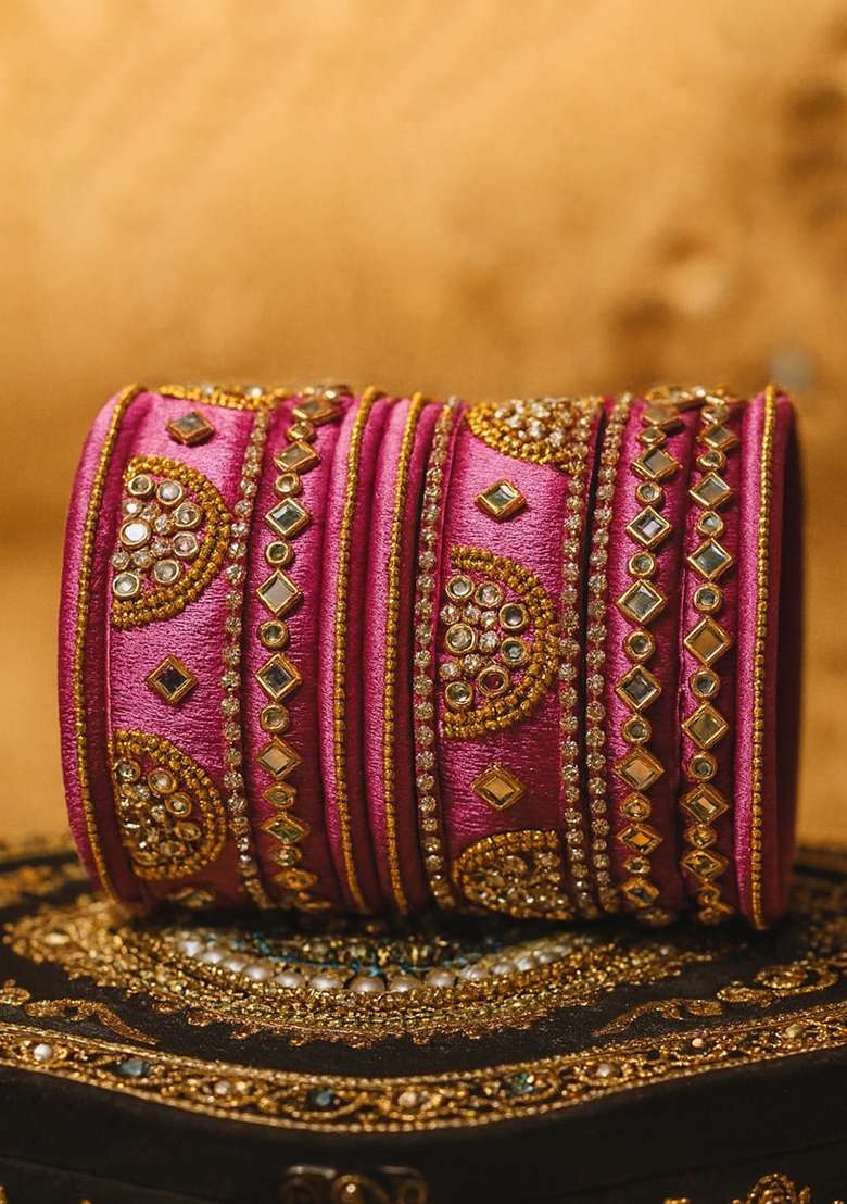 Pink Kundan Work Silk Bangle Set - Indya