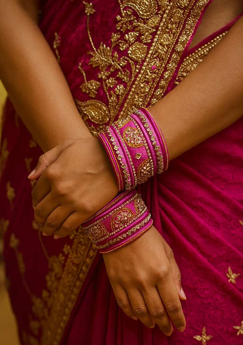 Pink Kundan Work Silk Bangle Set - Indya