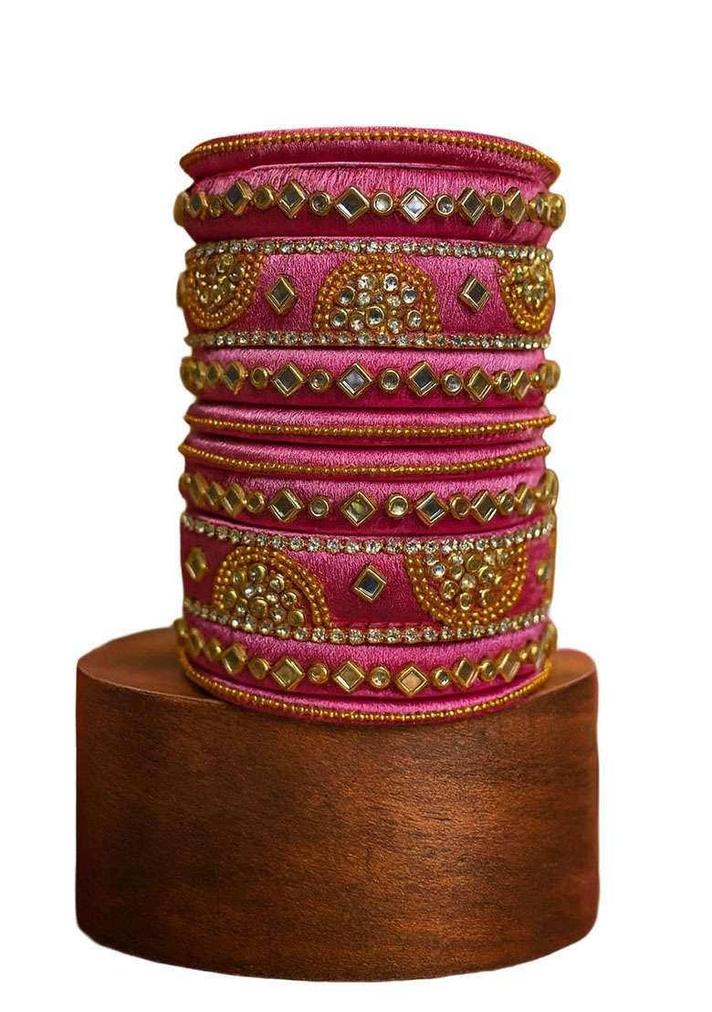 Pink Kundan Work Silk Bangle Set - Indya