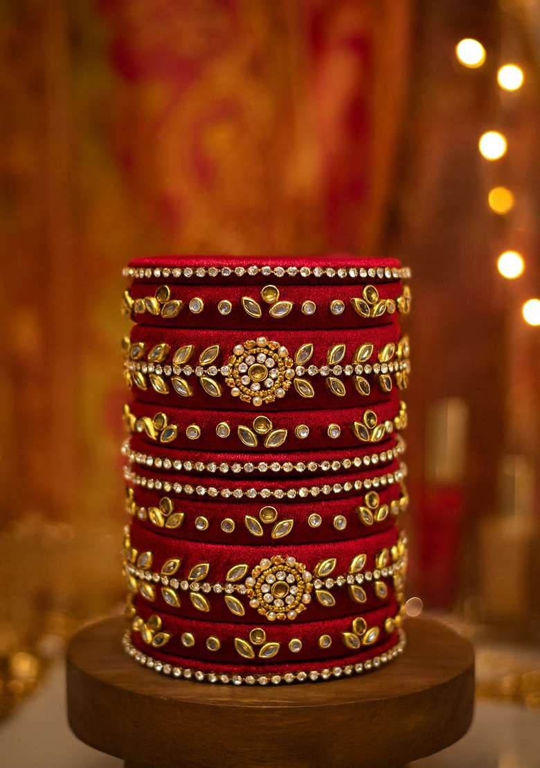 Maroon Kundan Work Silk Bangle Set - Indya